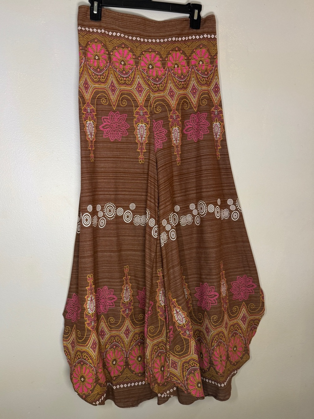 Boho Floral Brown Wide leg Pants with Pink Detail